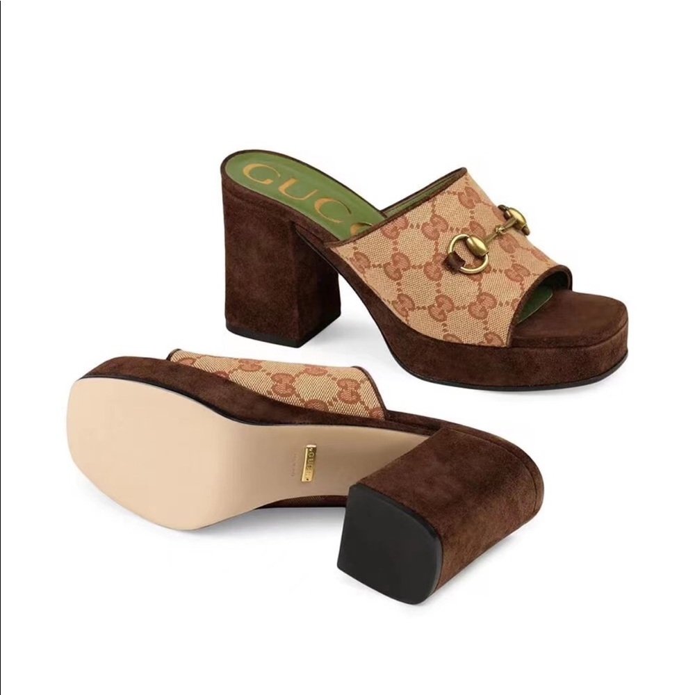 Authentic Gucci Brown GG Mid-heel Suede Mules Platforms - Picture 6 of 10